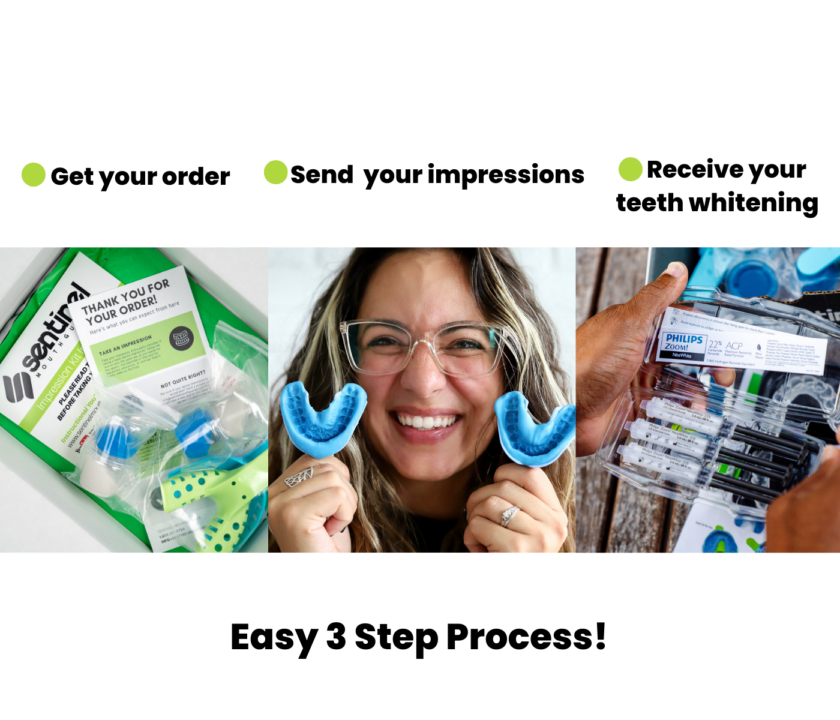 just 3 easy steps to receive your custom at-home professional teeth whitening