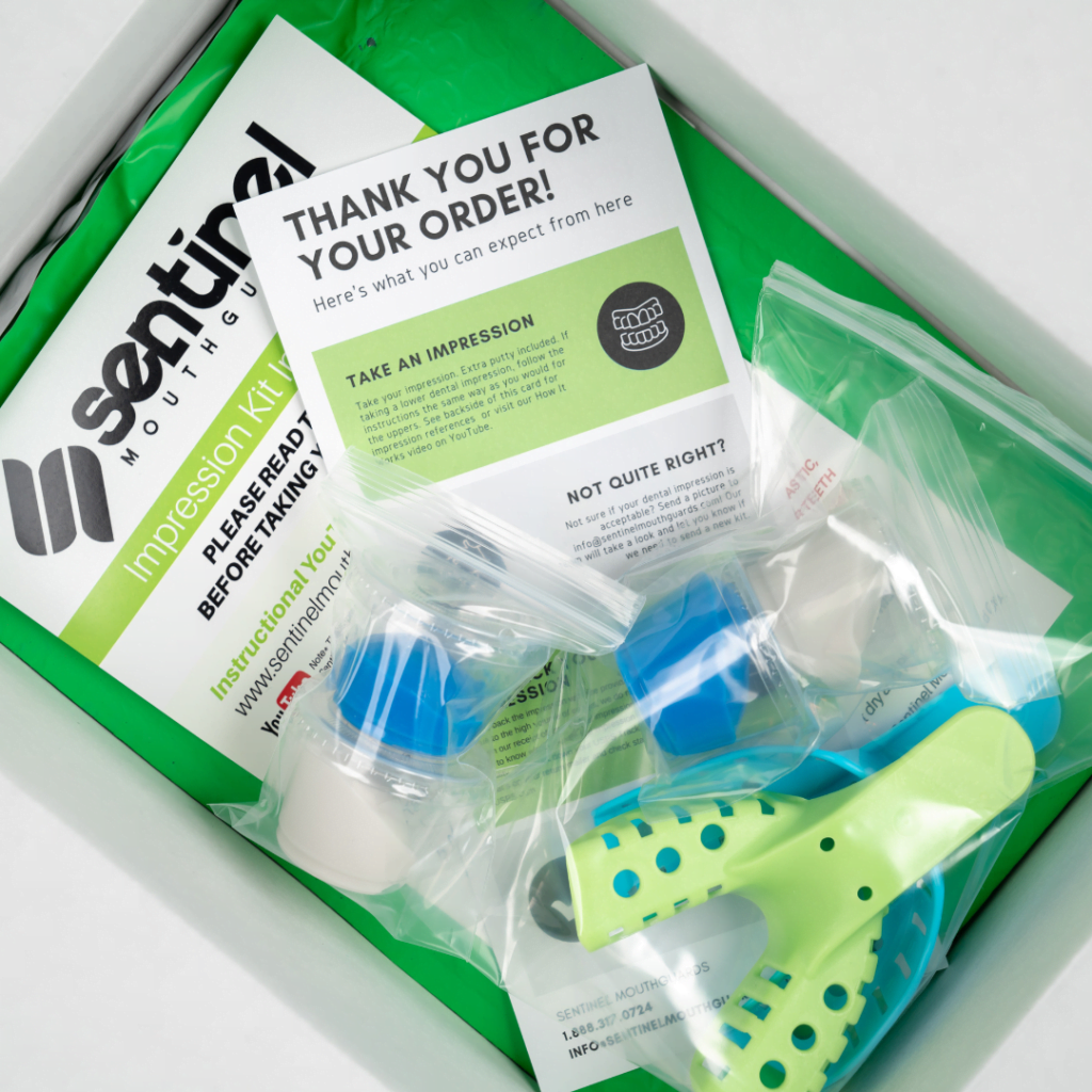 Custom dental impression kit with dental putty, tray, and instructions for Sentinel Mouthguards Sports Mouth Guards