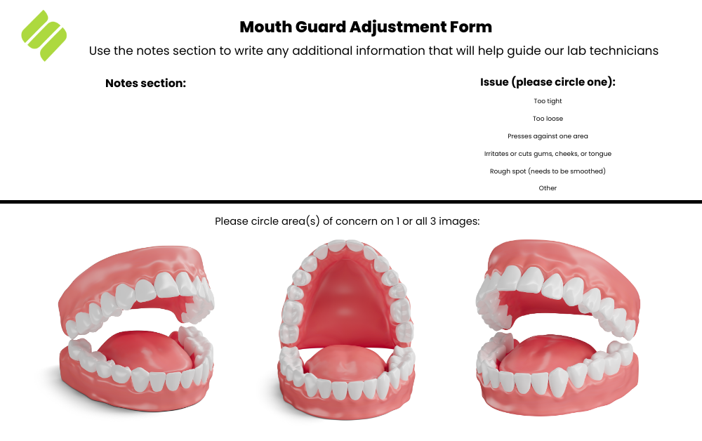 example mouth guard adjustment form used by online custom mouth guard company